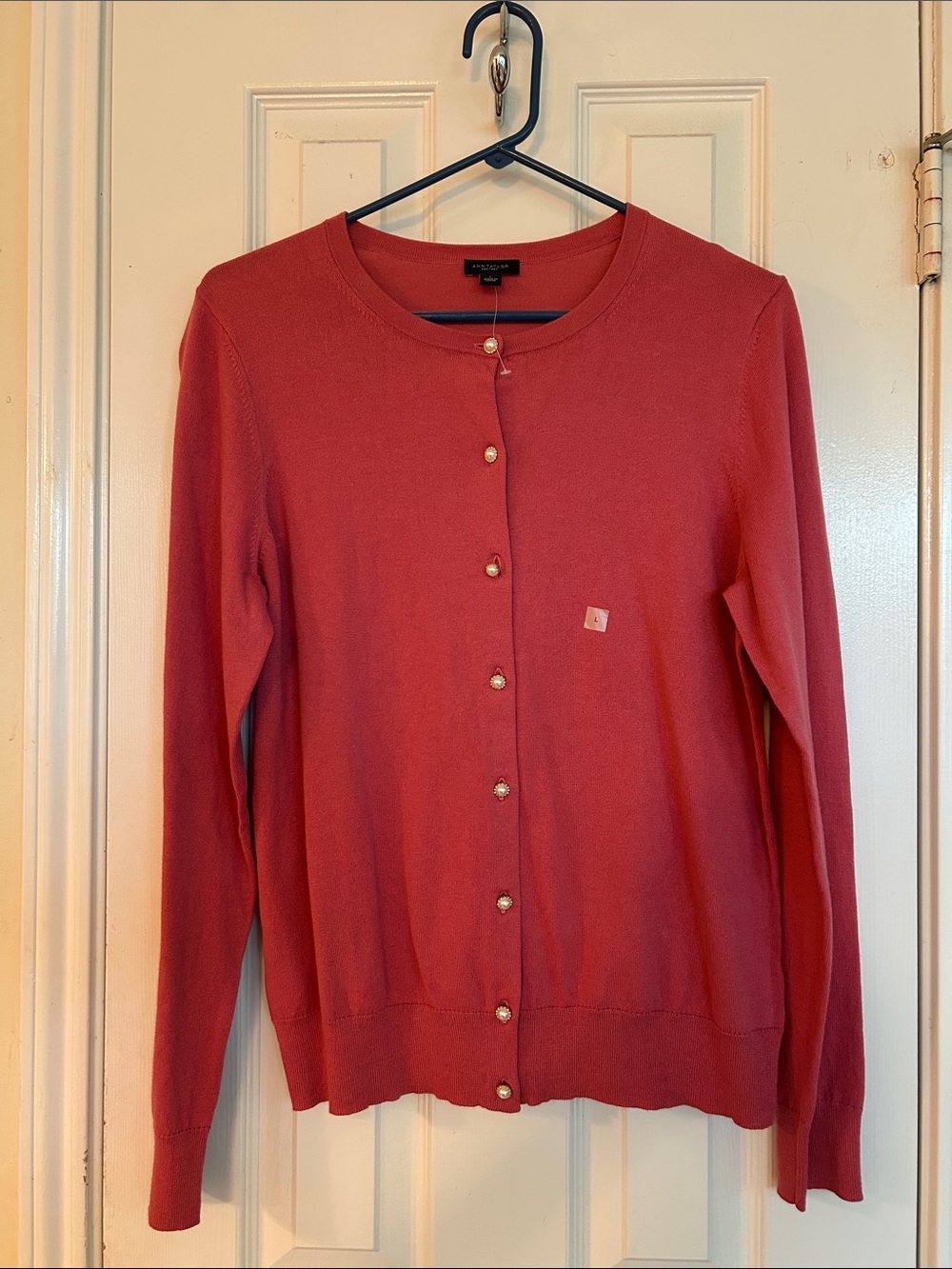 Ann Taylor Coral Pink Crewneck Cardigan with Pearl Buttons